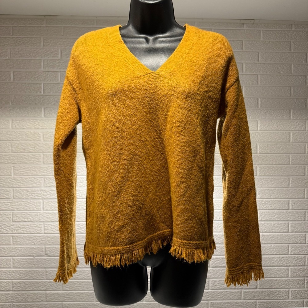 Anthropologie Mustard Yellow Textured Knit‎ Fringe V Neck Sweater XS